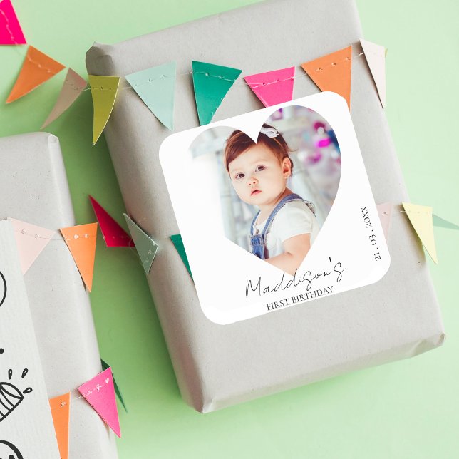 Sticker Carré Jolie fête de premier anniversaire avec des photos (Cute Minimalist Photo First Birthday Party Square Sticker)