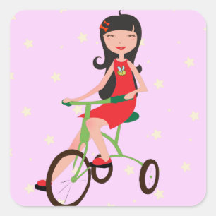 Sticker Carré Jolie Fille à Tricycle Dessin Animé