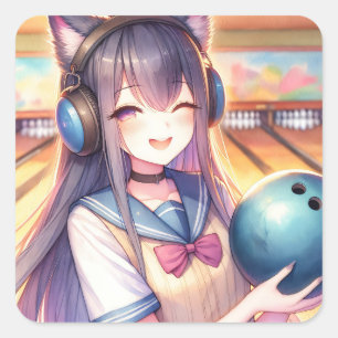 Sticker Carré Jolie fille Anime à Bowling fête d'anniversaire