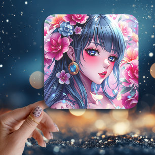 Sticker Carré Jolie fille Anime aux yeux bleus