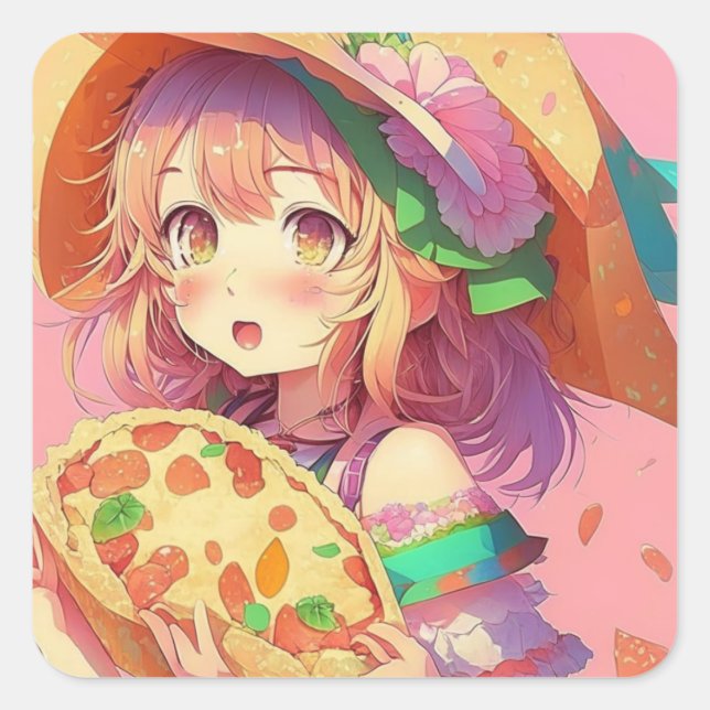Sticker Carré Jolie fille Anime tenant une pizza (Devant)