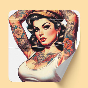 Sticker Carré Jolie fille au tatouage vintage