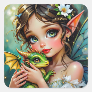 Sticker Carré Jolie fille aux thèmes de fée et de dragon