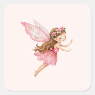 Sticker Carré Jolie Fille Fée en Robe Rose Fantaisiste