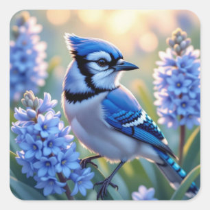 Sticker Carré Jolie illustration d'AI de Geai Bleu et de Lilas