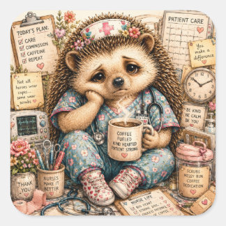 Sticker Carré Jolie infirmière hérisson aquarelle