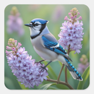 Sticker Carré Jolie Jay Bleue debout sur les Branches Lilac