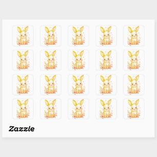 Sticker Carré Jolie Lapin Doré Jaune Bébé Pastel Shower Party