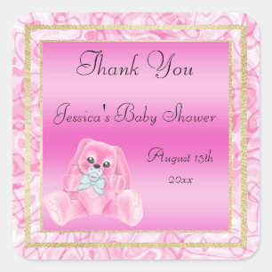 Sticker Carré Jolie Lapin Rose Remerciements Baby Shower