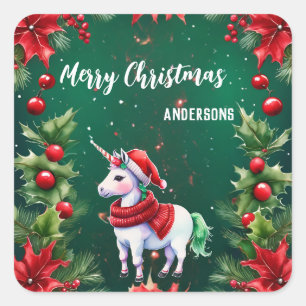 Sticker Carré Jolie licorne Père Noël fête de Noël