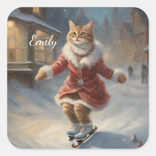 Sticker Carré Jolie Noël Patinage de chat Jouer