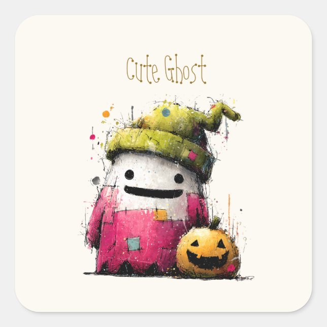 Sticker Carré Jolie Patchwork Aquarelle Fantôme Halloween (Devant)
