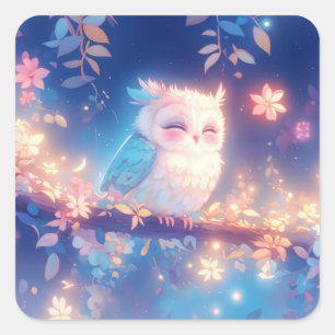 Sticker Carré Jolie petite chouette endormie sur une branche fle