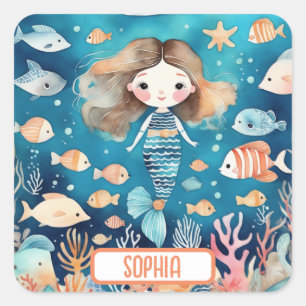 Sticker Carré Jolie petite sirène sous la mer avec poisson corai