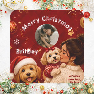 Sticker Carré Jolie Photo de Chien de Noël Rouge Cramoisi Nom