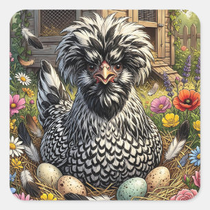 Sticker Carré Jolie poule polonaise noire et blanche
