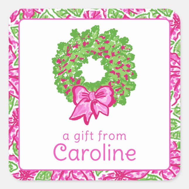 Sticker Carré Jolie preppy Noël rose et vert Wreath (Devant)