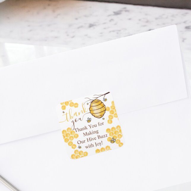 Sticker Carré Jolie ruche de nid d'abeille merci baby shower (Cute honeycomb beehive thank you baby shower square sticker)