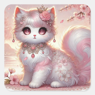 Sticker Carré Jolie Sakura rose cerisier fleur princesse chat