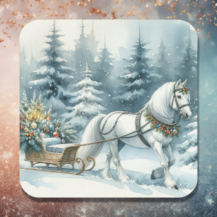 Sticker Carré Jolie scène hivernale avec Cheval Blanc en Neige