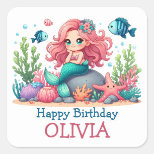 Sticker Carré Jolie Sirène et Poisson Personnalisés pour Anniver