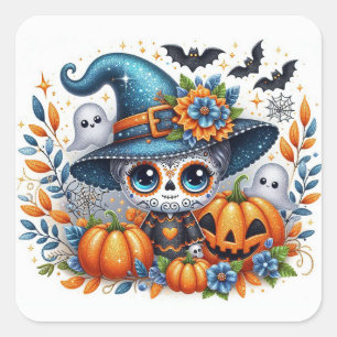 Sticker Carré Jolie sorcière à crâne de sucre Halloween