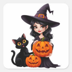 Sticker Carré Jolie Sorcière Chat Noir Citrouille Halloween 🧙♀