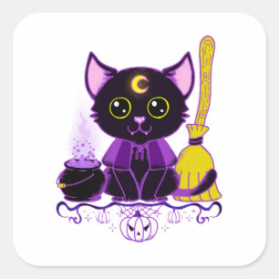 Sticker Carré Jolie sorcière de chat noir d'Halloween