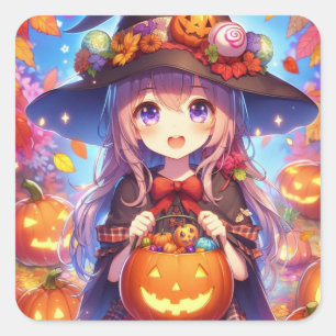 Sticker Carré Jolie Sorcière d'Halloween Anime