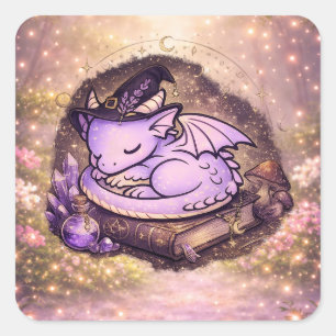 Sticker Carré Jolie Sorcière Dragon Endormi