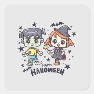 Sticker Carré Jolie sorcière et Mischievous zombie garçon