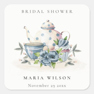 Sticker Carré Jolie théière bleue aqua florale Tasses Enterremen