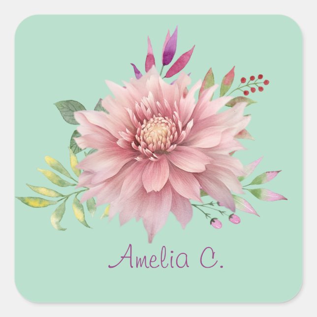 Sticker Carré Jolie Turquoise et rose pastel Aquarelle Florale (Devant)