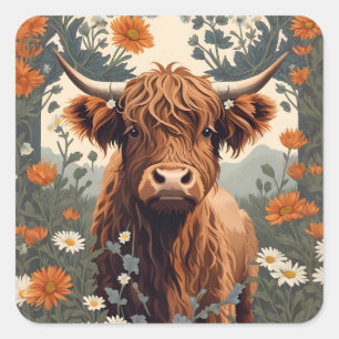 Sticker Carré Jolie vache Vintage Highland