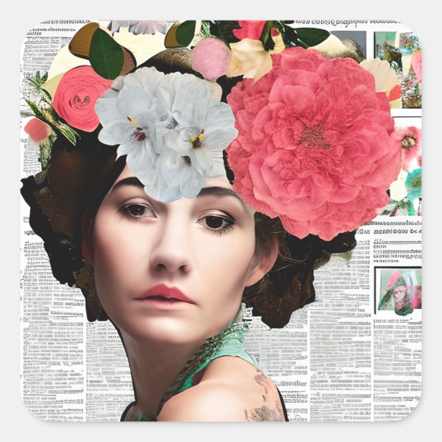 Sticker Carré Jolie Vintage Lady Papier Collage Art (Devant)