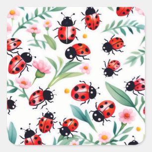 Sticker Carré Jolies coccinelles et motif fleurs blanc