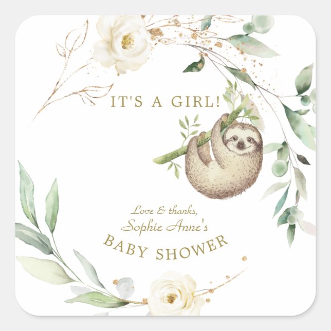 Sticker Carré Jolies fentes Floral Verdure fille Baby shower Pap (Devant)