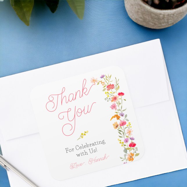 Sticker Carré Jolies fleurs sauvages printanières florales remer (Pretty spring wildflowers floral bridal thank you square sticker)