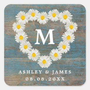 Sticker Carré Jolies marguerites Monogramme Mariage Bois Bleu
