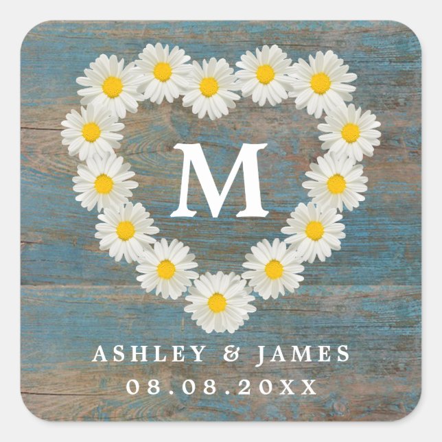 Sticker Carré Jolies marguerites Monogramme Mariage Bois Bleu (Devant)