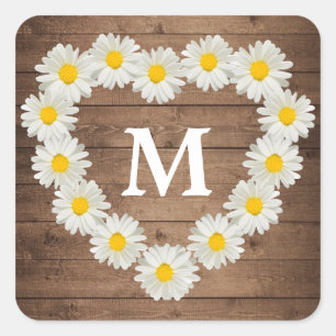 Sticker Carré Jolies marguerites Monogramme Mariage Bois rustiqu