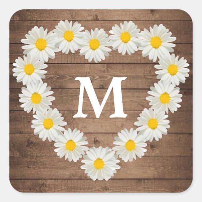 Sticker Carré Jolies marguerites Monogramme Mariage Bois rustiqu (Devant)