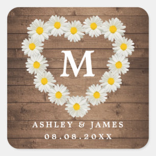 Sticker Carré Jolies marguerites Monogramme Mariage Bois rustiqu