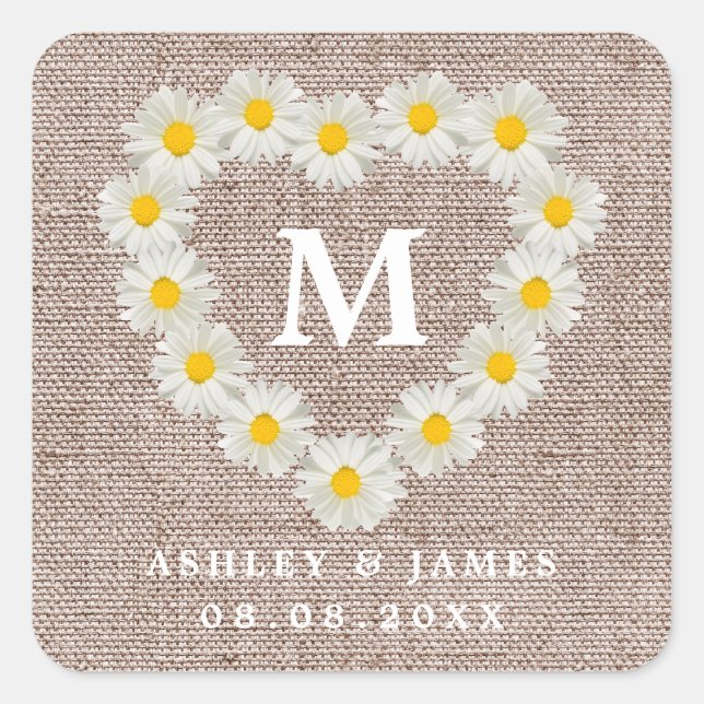 Sticker Carré Jolies marguerites Monogramme Mariage Burlap (Devant)