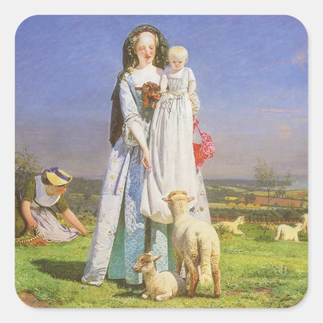 Sticker Carré Jolis agneaux bêlants par Ford Madox Brown (Devant)