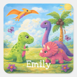 Sticker Carré Jolis amis dinosaures fille colorés Enfants