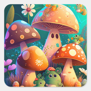 Sticker Carré Jolis champignons dans la forêt 