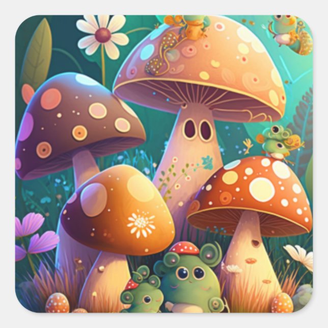 Sticker Carré Jolis champignons dans la forêt  (Devant)