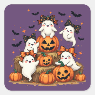 Sticker Carré Jolis fantômes d'Halloween avec des nœuds coquette