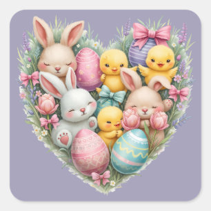 Sticker Carré Jolis lapins et poussins de Pâques au style cottag